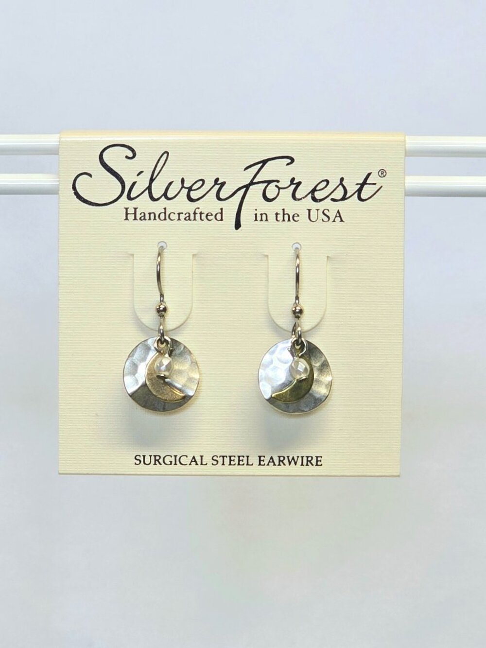 Silver Forest Crescent Moon on Hammered Disc Mixed Metal Drop Earrings
